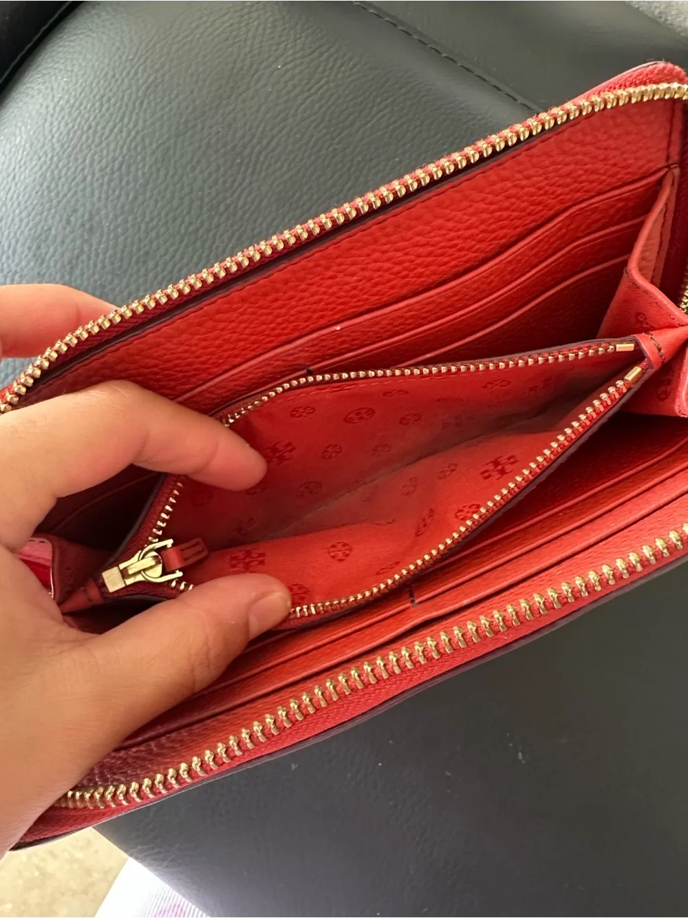 Tory Burch Red Pebbled Leather Zip Wallet with Logo